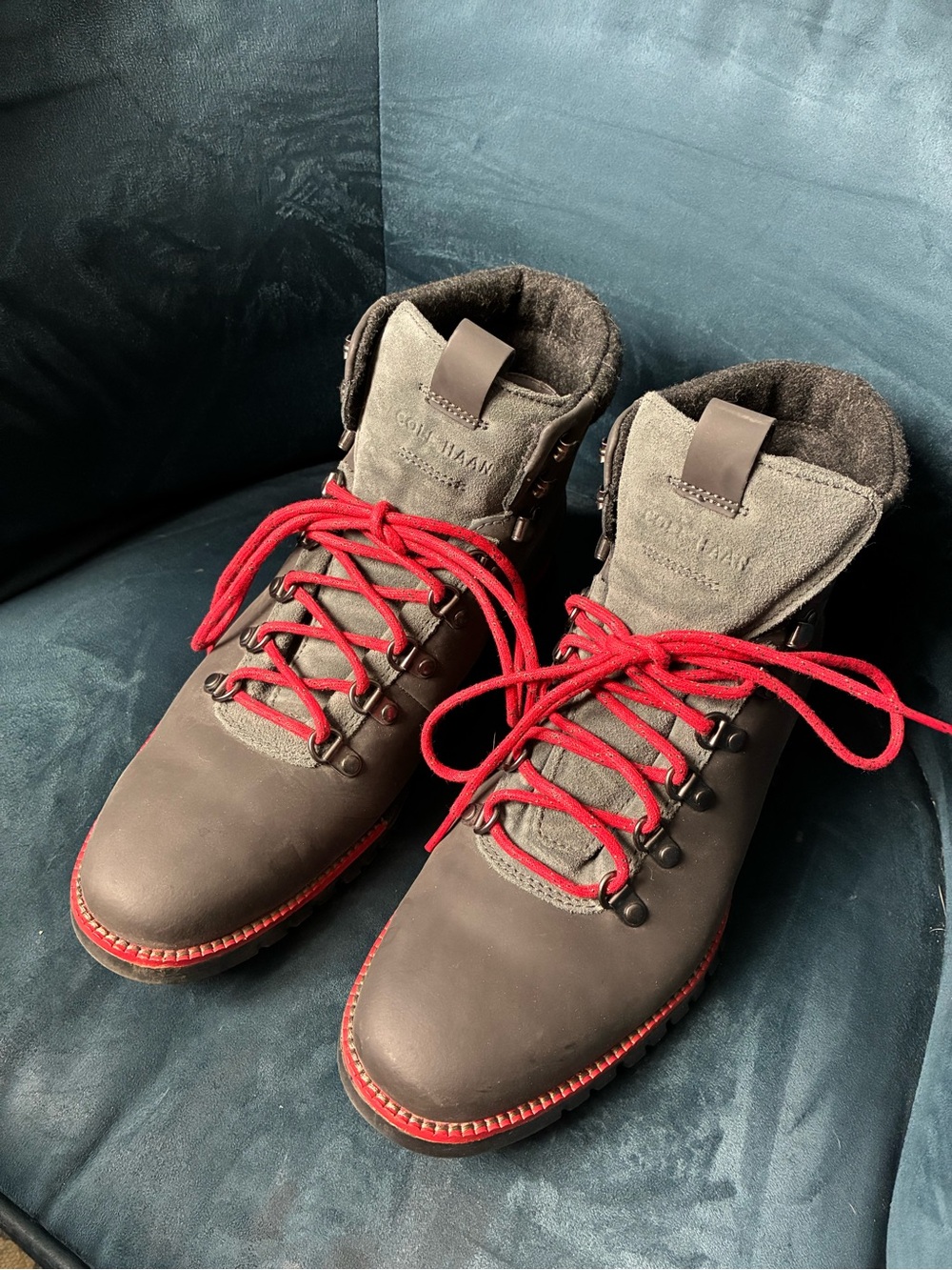 Cole Haan Zerogrand Rugged Chukka Boots feature grey suede with Red Laces